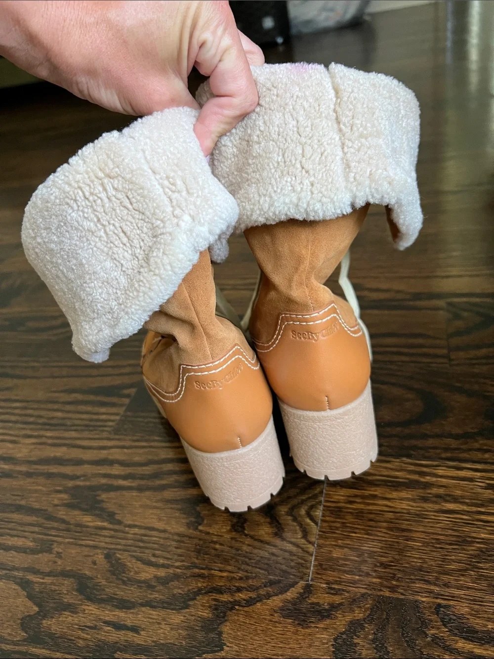 See By Chloe Tan Lace-Up Faux Shearling Winter Boots